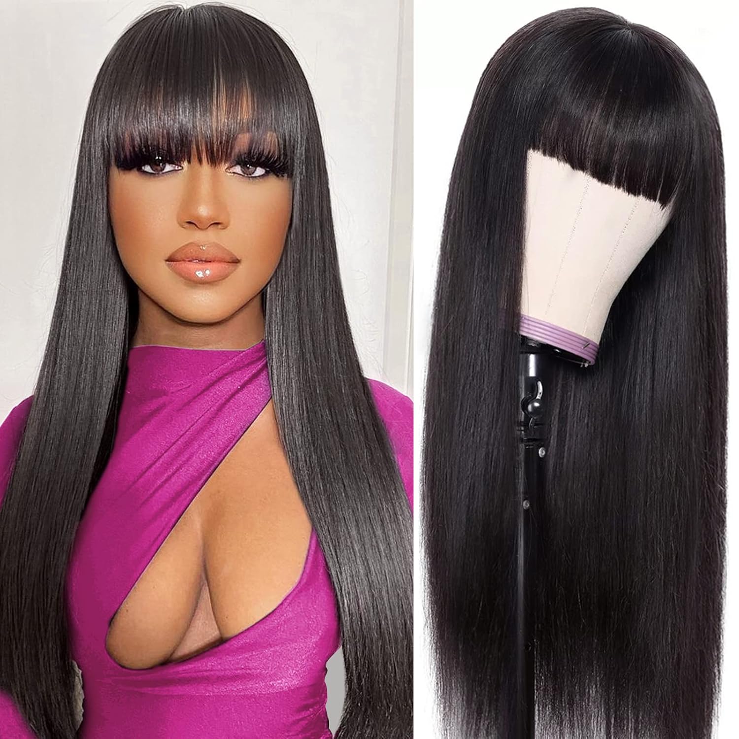 Silky Straight Glueless Wig with Bangs 150% Density