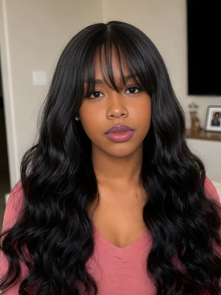 Woman Wearing Glueless Body Wave Machine Made Wig with Bangs | Wigzu