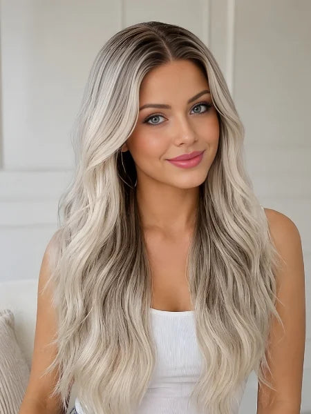 Woman Wearing V-Part Golden Blonde Wavy Wig | Wigzu