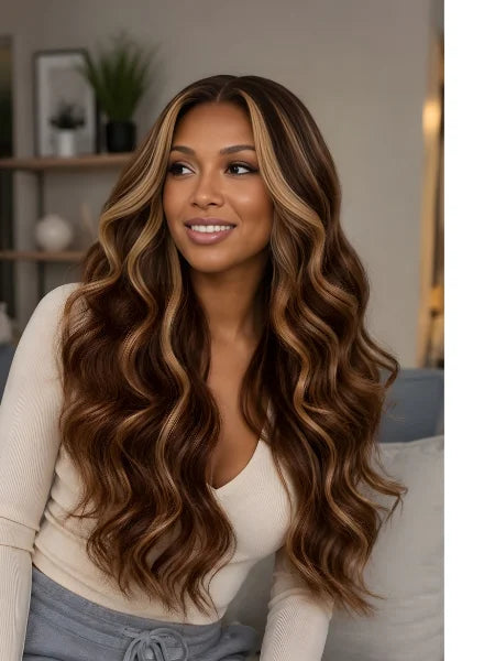 Woman Wearing 4/27 Honey Blonde Ombre Body Wave HD Lace Frontal Wig | Wigzu