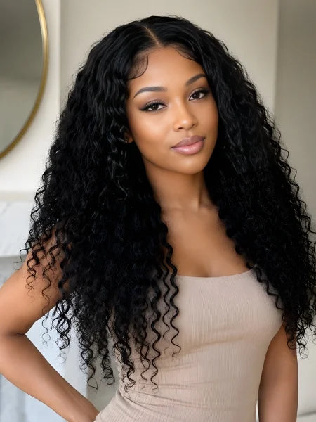 Woman Wearing 210% Density V-Part Curly Human Hair Glueless Wig | Wigzu