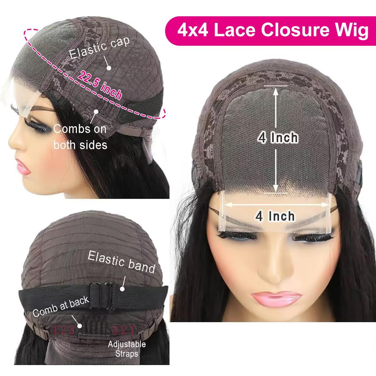 Silky Straight 4x4 Lace Closure Human Hair 150% Density Wig