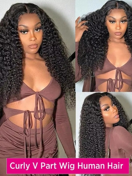 210% Density V-Part Curly Human Hair Glueless Wig