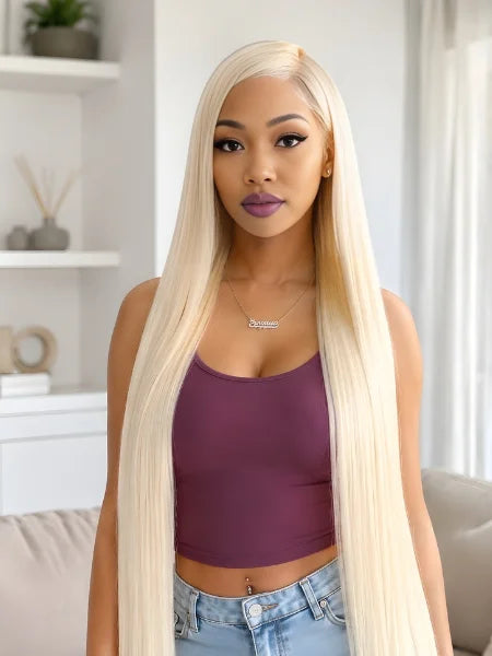 Woman Wearing 613 Honey Blonde Straight HD Lace Frontal Wig | Wigzu