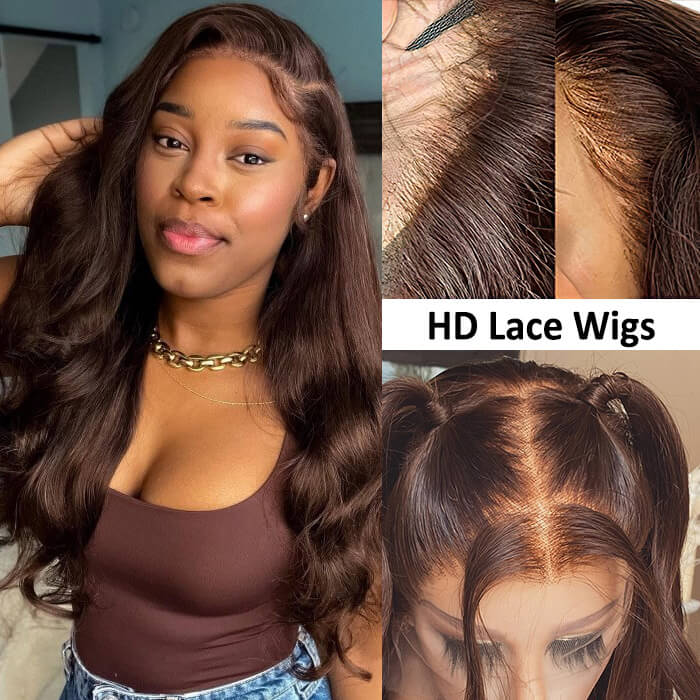 Glueless Chocolate Brown Body Wave 4x4 Lace Closure Wig 150% Density