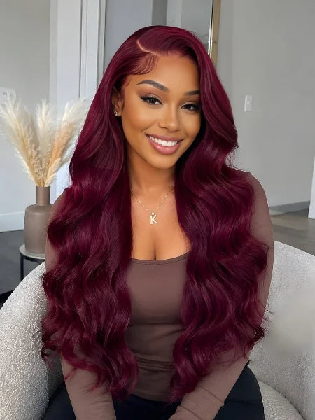 Woman Wearing 99J Burgundy Body Wave HD Lace Frontal Wig | Wigzu