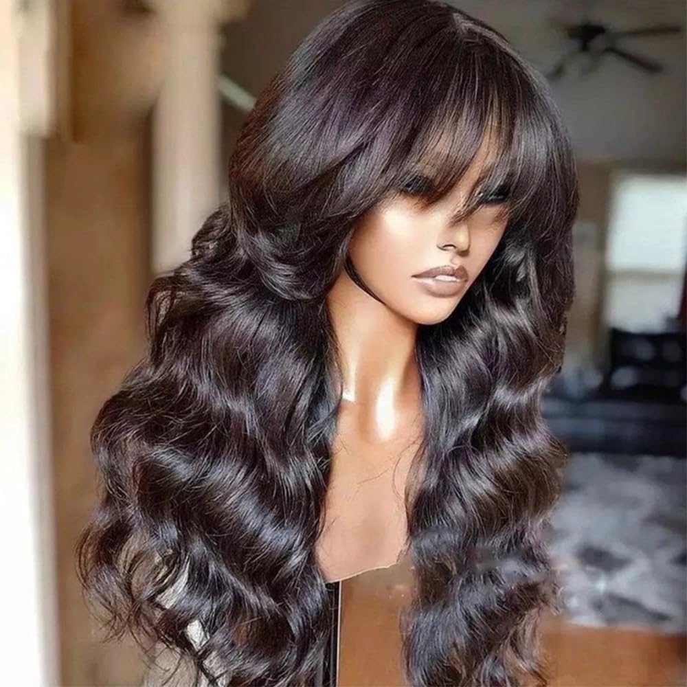 Glueless Body Wave Machine Made Wig with Bangs 150% Density
