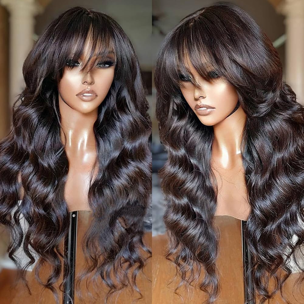 Glueless Body Wave Machine Made Wig with Bangs 150% Density