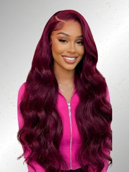 99J Burgundy Body Wave HD Lace Frontal Wig 220% Density - Front View | Wigzu