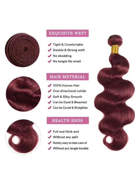 99J Burgundy Body Wave Wine Red Human Hair Extension - WIGZU