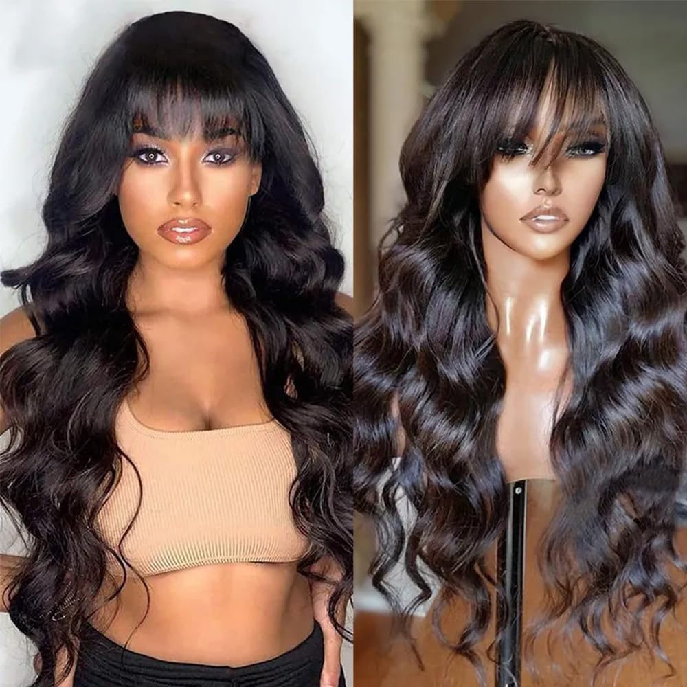 Glueless Body Wave Machine Made Wig with Bangs 150% Density