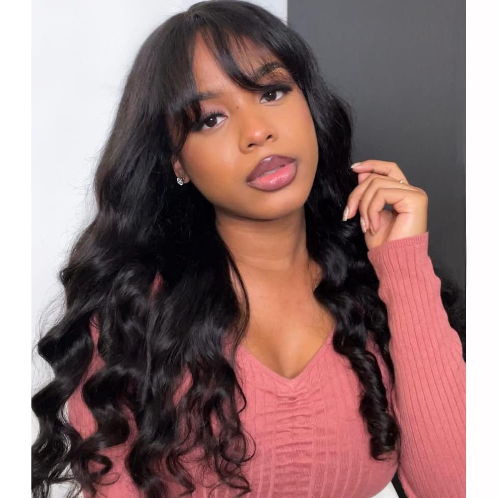 Glueless Body Wave Machine Made Wig with Bangs 150% Density