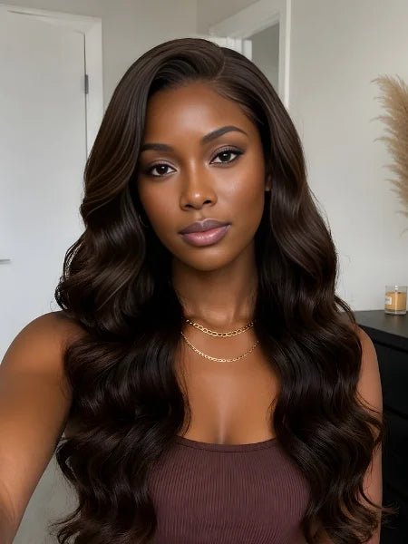 Glueless Chocolate Brown Body Wave 4x4 Lace Closure Wig 150% Density - WIGZU