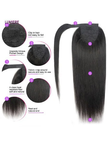 Bone Straight Human Hair Ponytail Extension, 100% Raw Virgin Hair, Seamless Wrap
